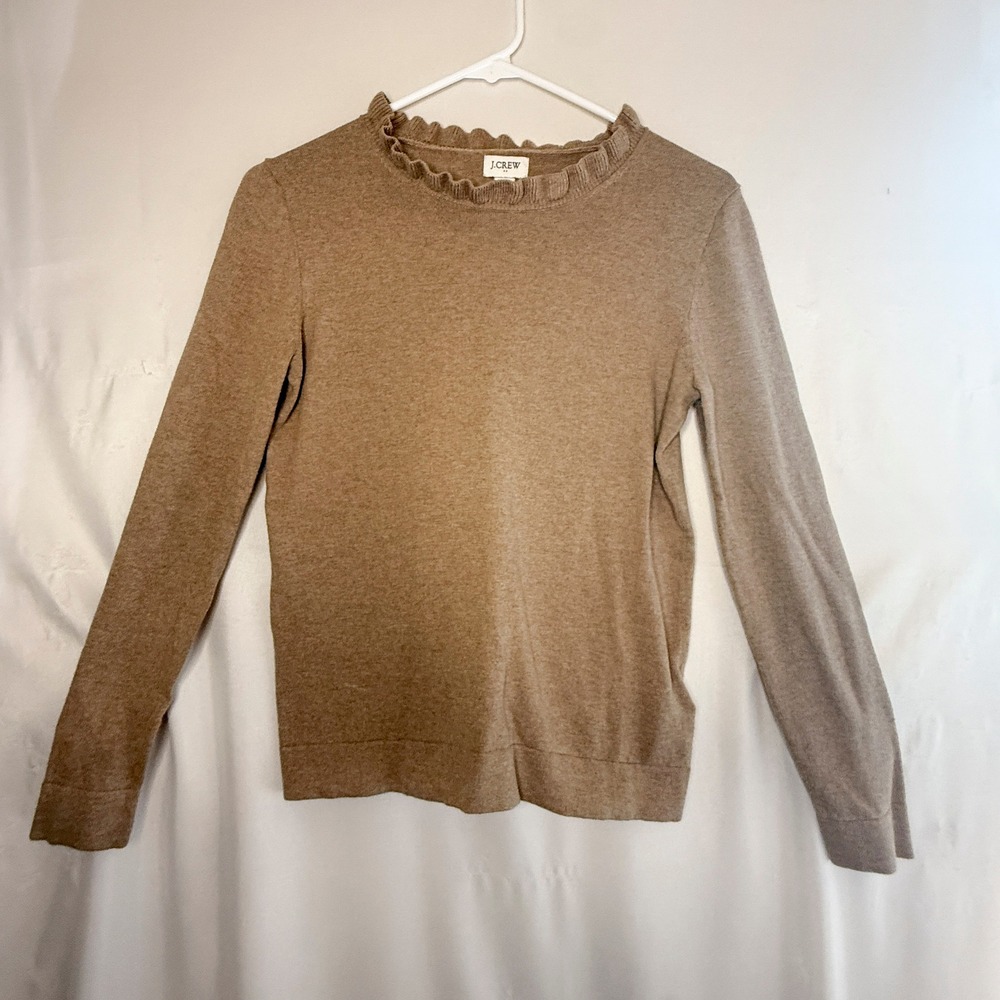 J.Crew Women's XS Tan Heather Cotton Sweater Ruffle Neck Long Sleeve